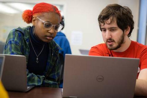 Two students looking at laptop communicating